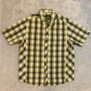 PrAna Shirt Mens Medium Yellow Plaid Short Sleeve Button Up Organic Cotton